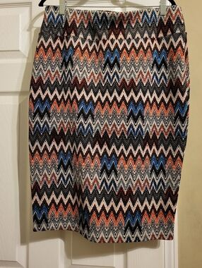 Carmen Marc Valvo Zigzag Chevron Pencil Skirt - Blue, Coral, Black, Cream
